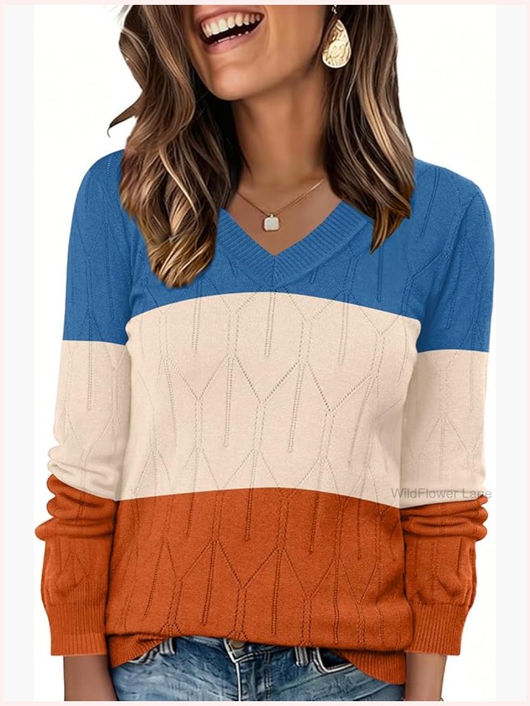 V Neck Long Sleeve Crochet Pullover Sweater Women Fall Dressy Casual Tops